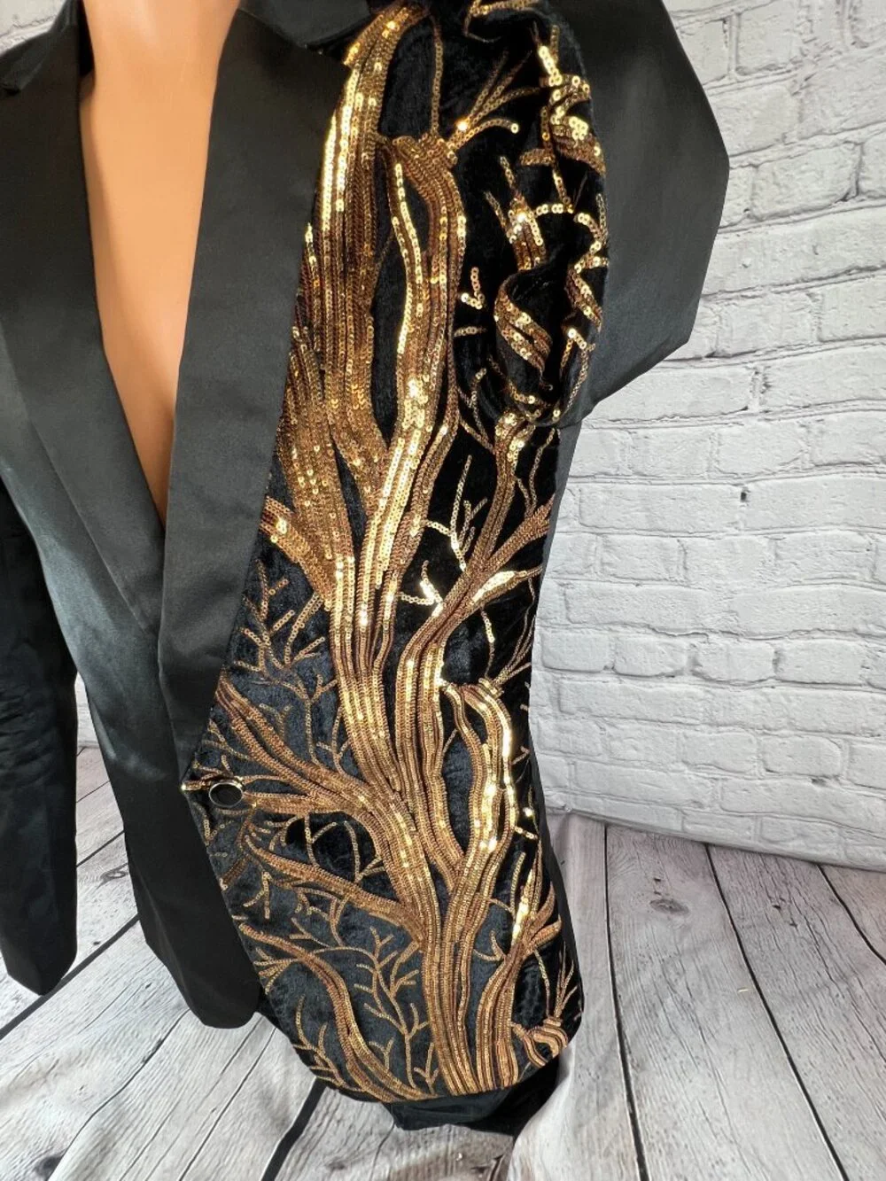 Mens Sequin Black Satin Velvet & Gold Sequined Tuxedo Single Button Jacket Sz M